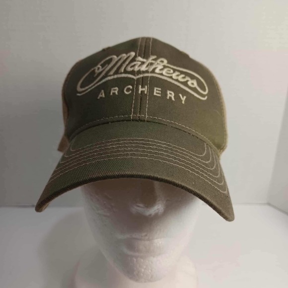 Mathews Archery Hat Trucker Cap Olive Green Tan Mesh Adjustable Hunting Outdoors - Picture 1 of 7